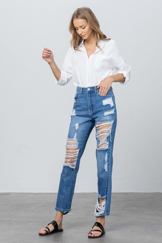 HIGH RISE DESTROYED STRAIGHT JEANS