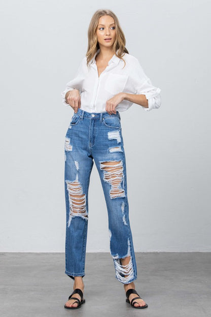 HIGH RISE DESTROYED STRAIGHT JEANS