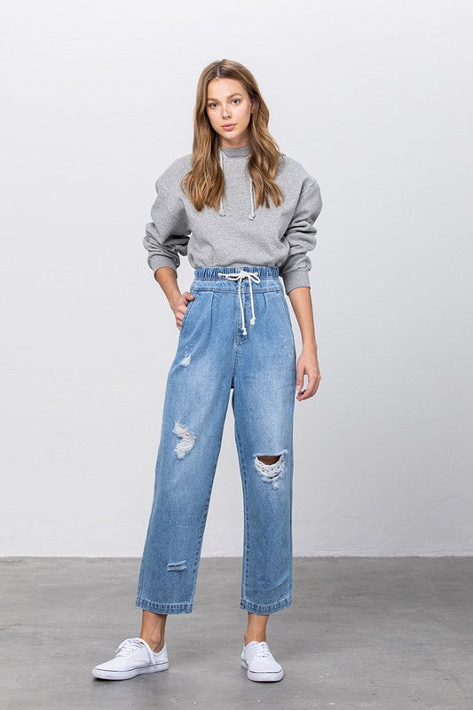 Super High Waist Drawstring Ripped Slouch Jeans