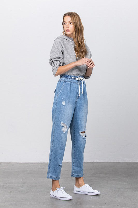 Super High Waist Drawstring Ripped Slouch Jeans