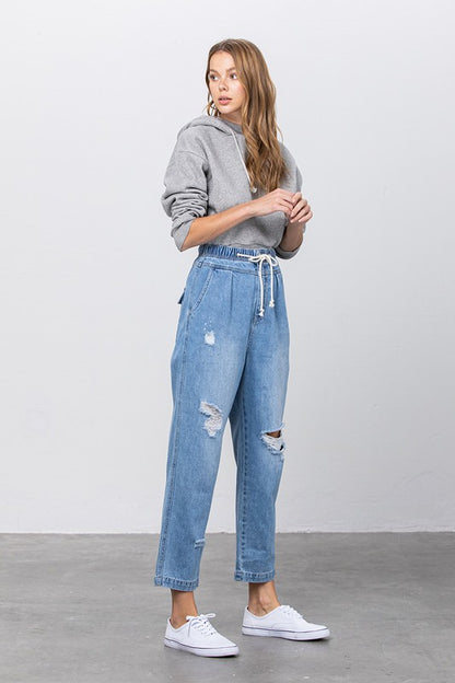 Super High Waist Drawstring Ripped Slouch Jeans