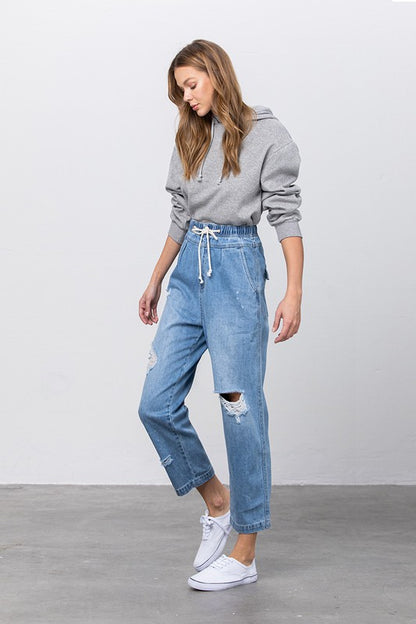 Super High Waist Drawstring Ripped Slouch Jeans