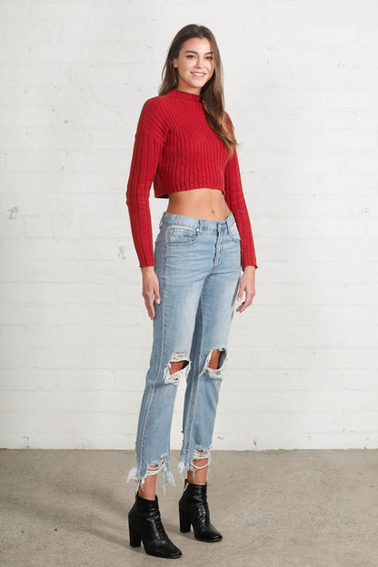 High Waist Ripped Frayed Hem Straight Jeans