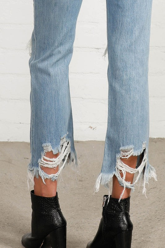 High Waist Ripped Frayed Hem Straight Jeans