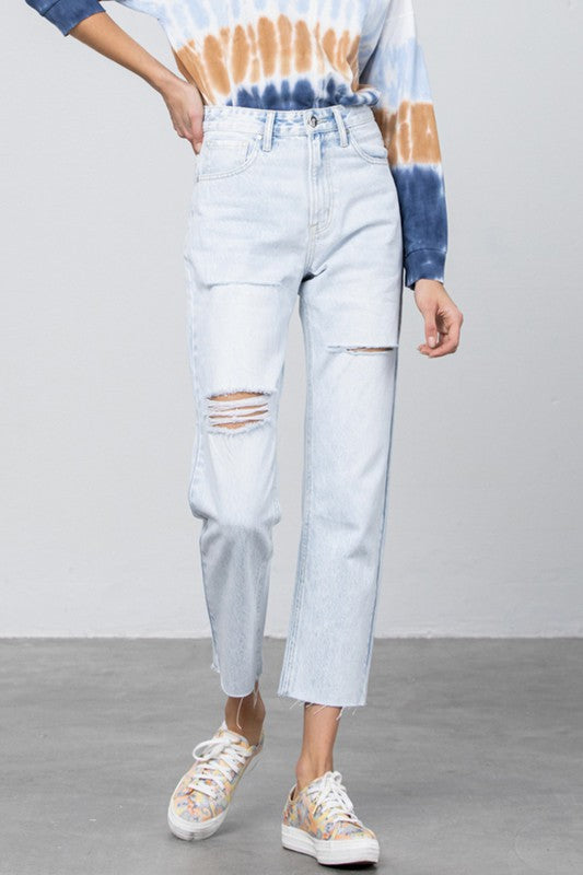 High Waist Ripped Raw Hem Crop Straight Jeans