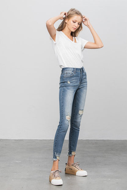 Spring Distressed Raw Hem Skinny Jeans