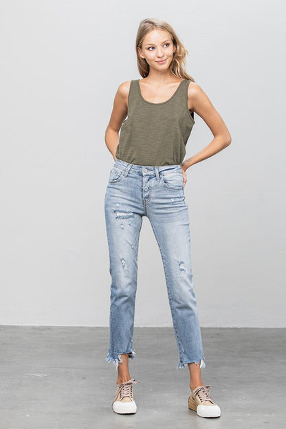 Mid Rise Raw Hem Straight Jeans