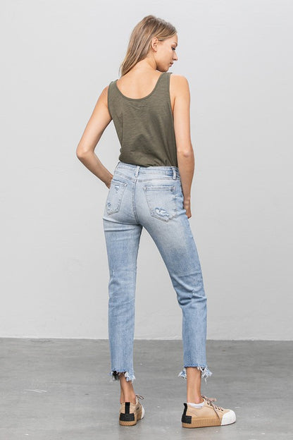 Mid Rise Raw Hem Straight Jeans