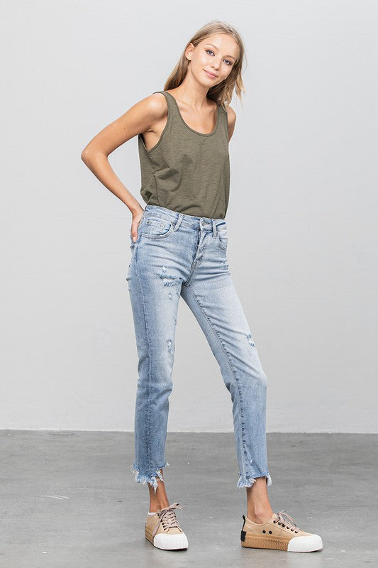 Mid Rise Raw Hem Straight Jeans