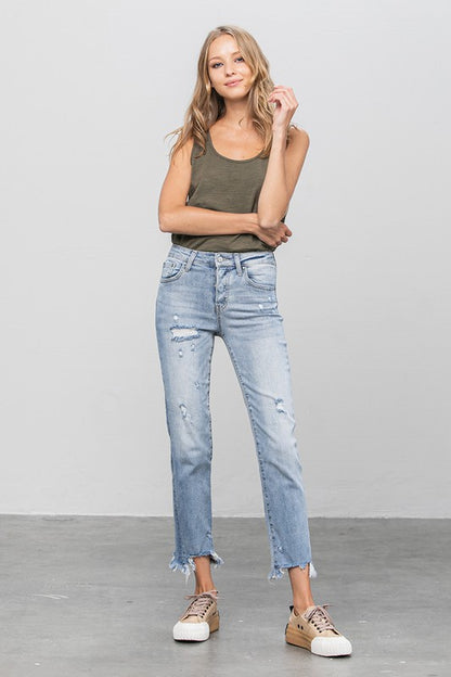 Mid Rise Raw Hem Straight Jeans