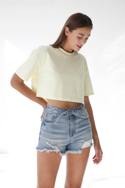 Ribbon Tie Frayed Denim Shorts