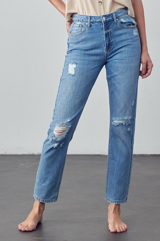 High Rise Distressed Modern Straight Jeans