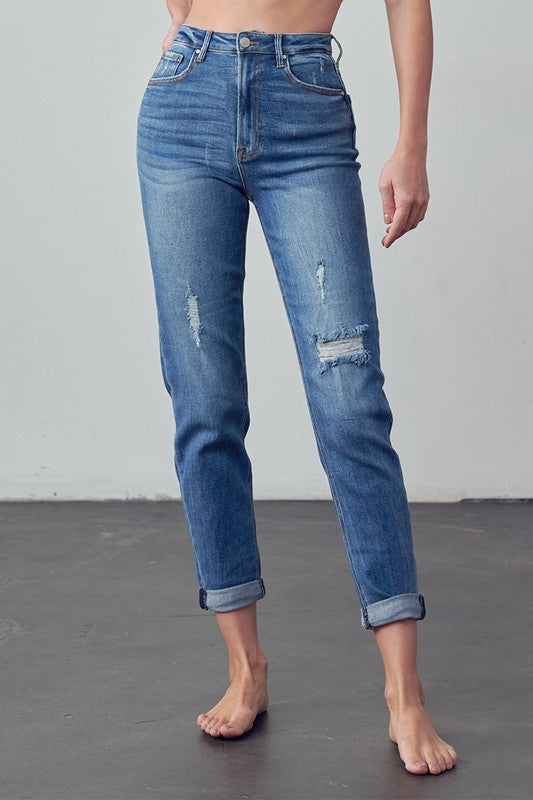 High Rise Ripped Girlfriend Jeans