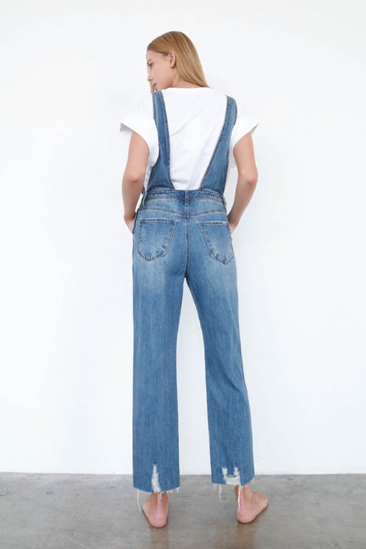 High Waist Ripped Straight Denim Overall Jumpsuit