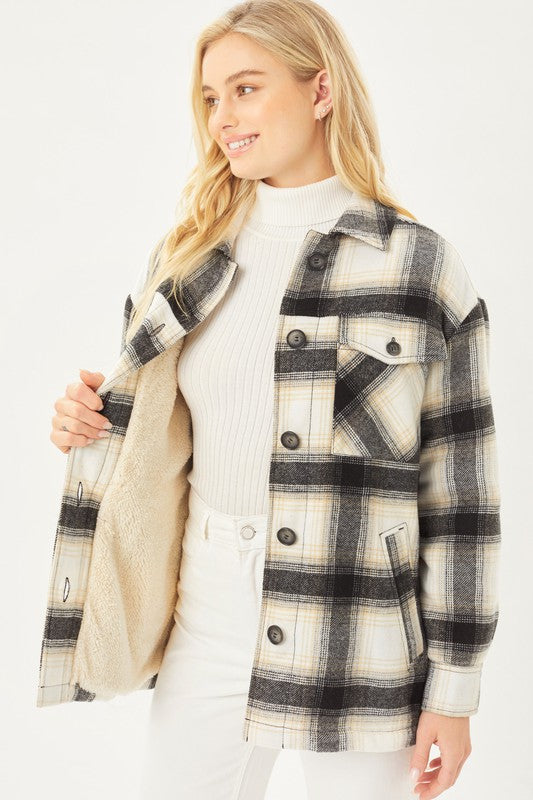 Plaid Button Up Jacket with Sherpa Lining