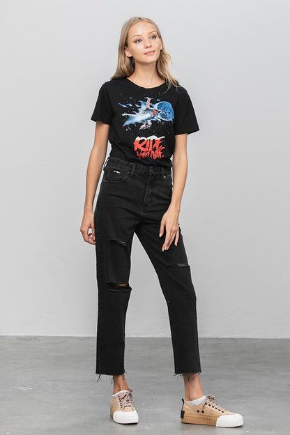 High Waist Ripped Raw Hem Crop Straight Jeans