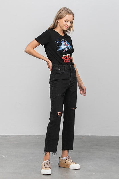 High Waist Ripped Raw Hem Crop Straight Jeans