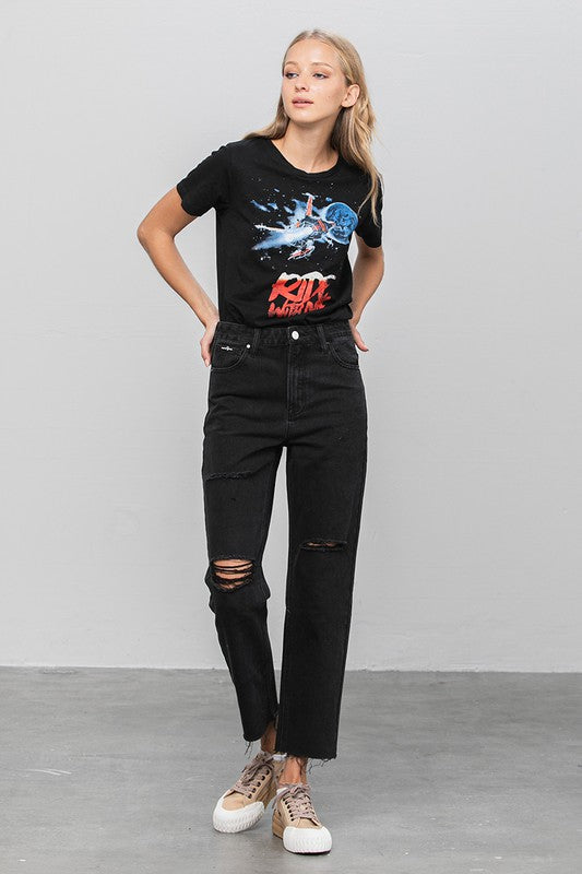 High Waist Ripped Raw Hem Crop Straight Jeans