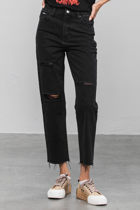 High Waist Ripped Raw Hem Crop Straight Jeans