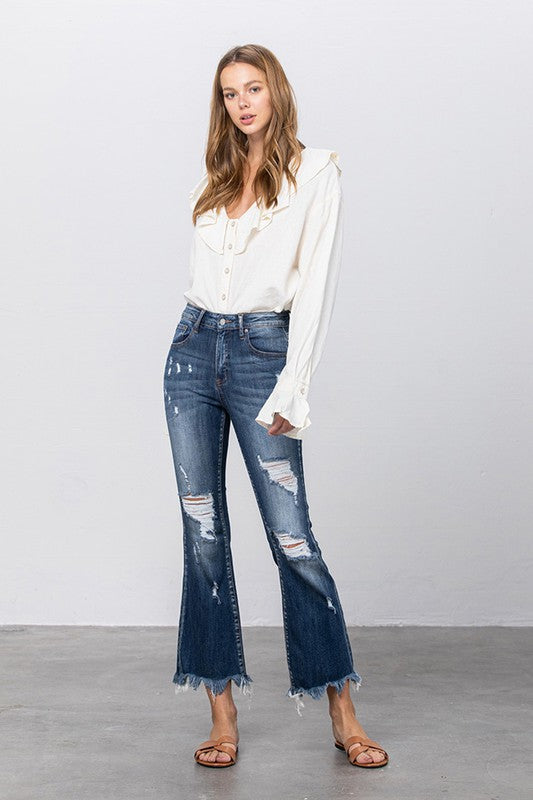 Stretch Mid Rise Crop Flare Jeans