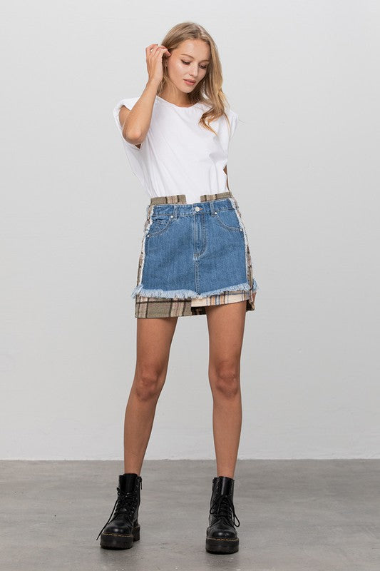 Plaid Checker Mini Denim Skirt