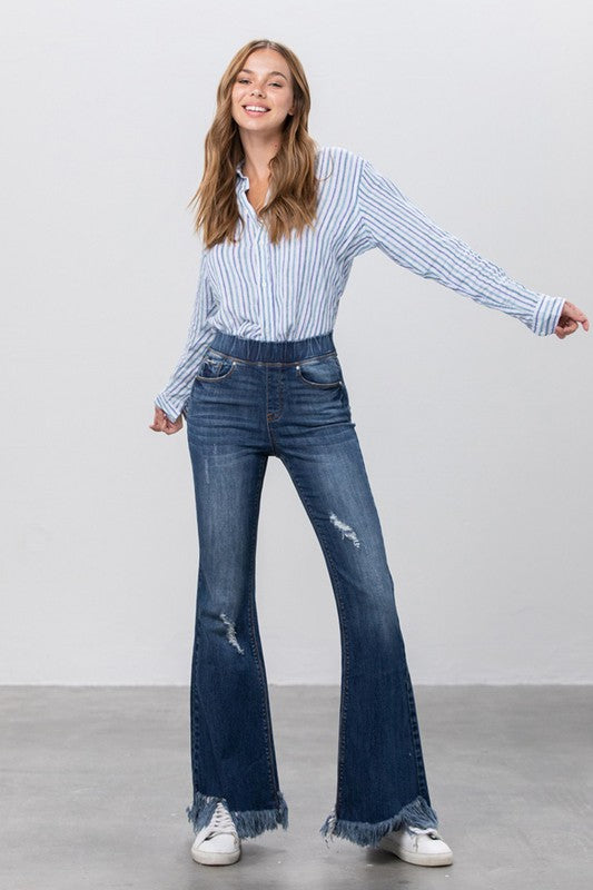 Elastic Banded Long Frayed Flare Jeans