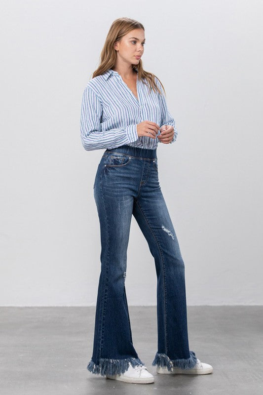 Elastic Banded Long Frayed Flare Jeans