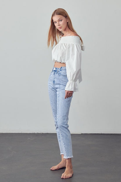 High Waist Frayed Tapered Jeans