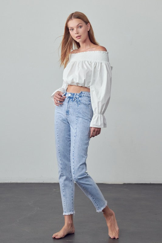 High Waist Frayed Tapered Jeans