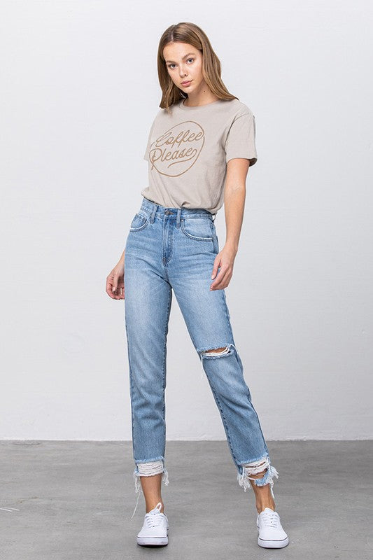 High Waist Ripped Frayed Hem Tapered Jeans