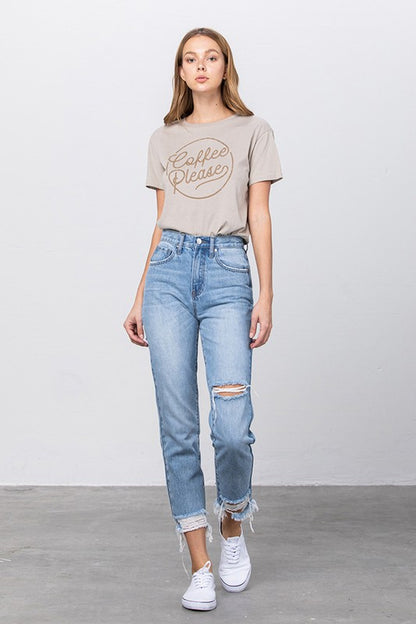 High Waist Ripped Frayed Hem Tapered Jeans