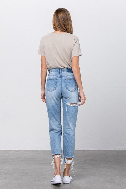 High Waist Ripped Frayed Hem Tapered Jeans