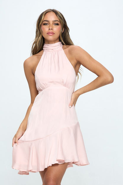 Halter Neck Satin Mini Dress