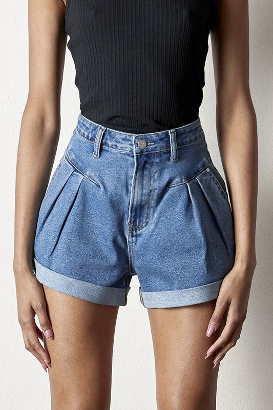 High Rise Roll Up Denim Shorts