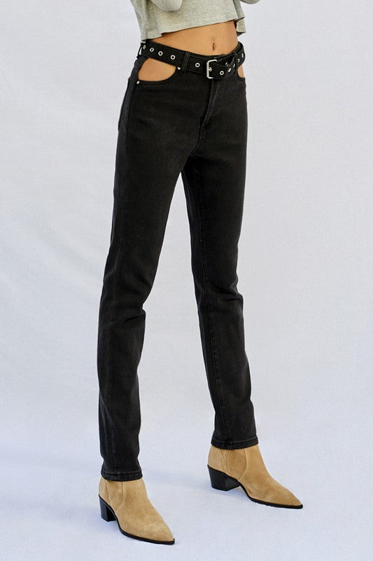 Cut Out Front Pocket Straight Jeans