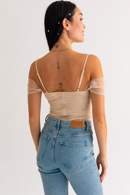Embroidered Lace Cold Shoulder Mesh Bodysuit