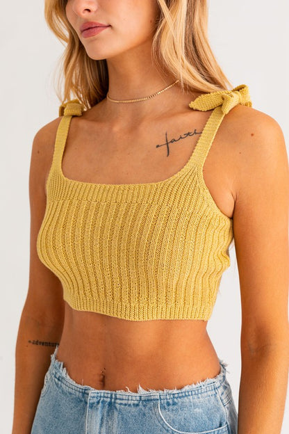 Shoulder Ribbon Tied Mustard Knit Tank