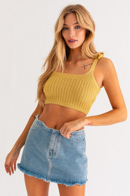 Shoulder Ribbon Tied Mustard Knit Tank