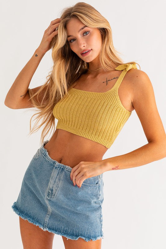 Shoulder Ribbon Tied Mustard Knit Tank