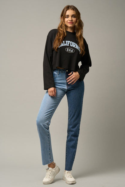 High Waist Two Tone Raw Hem Straight Jeans