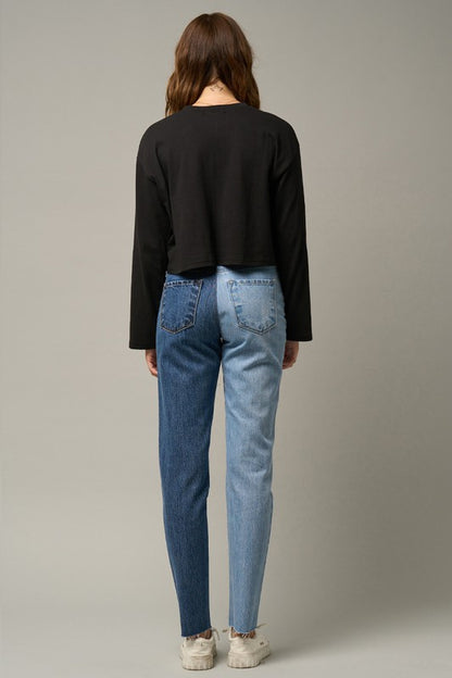 High Waist Two Tone Raw Hem Straight Jeans