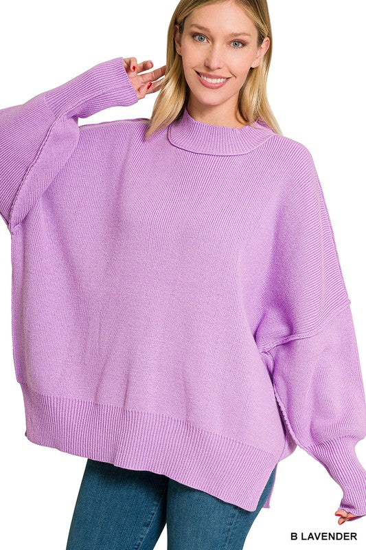 Lavender Miso Basic Ribbed Side Slit Oversized Sweater