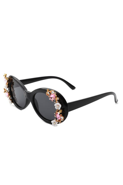 Rose of Sharon deco Women Oval Round Floral Design Fashion Sunglasses