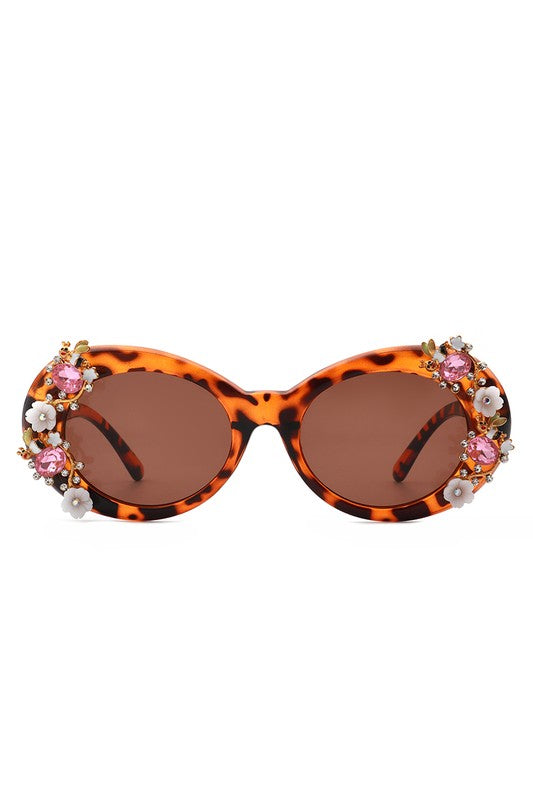 Rose of Sharon deco Women Oval Round Floral Design Fashion Sunglasses