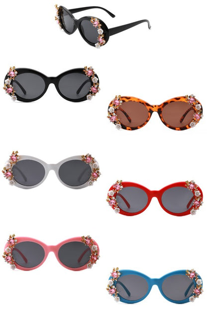 Rose of Sharon deco Women Oval Round Floral Design Fashion Sunglasses