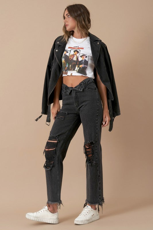 Frayed Flip Waist Straight Jeans