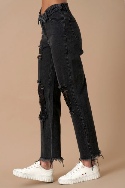 Frayed Flip Waist Straight Jeans