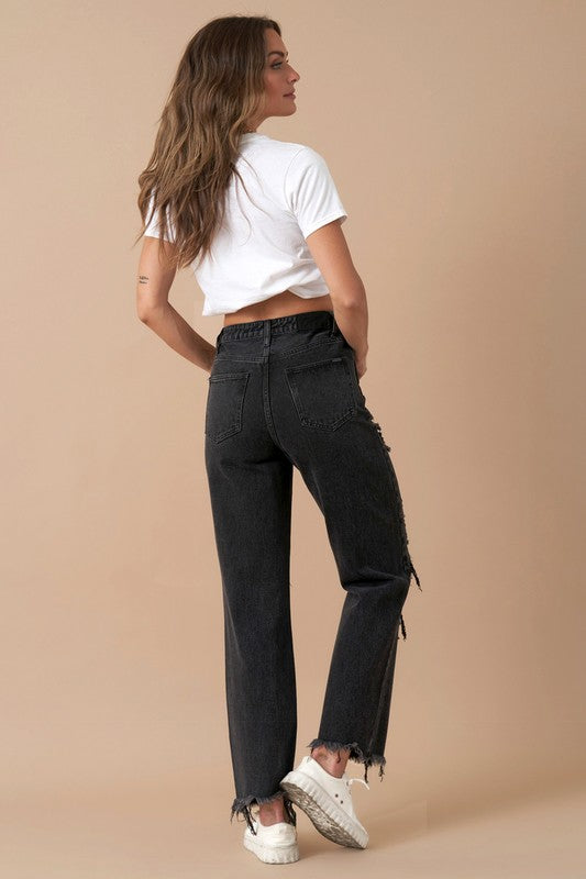 Frayed Flip Waist Straight Jeans