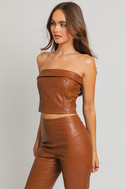 Faux Leather Red Brown Corset Tube Top