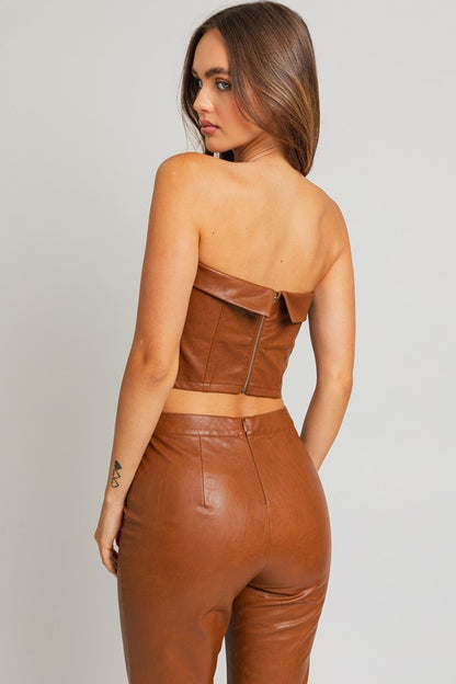 Faux Leather Red Brown Corset Tube Top